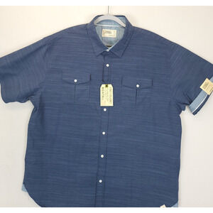 Free Planet Button Up Shirt Flip Short Sleeve Men 2X Pocket Navy Preppy Office